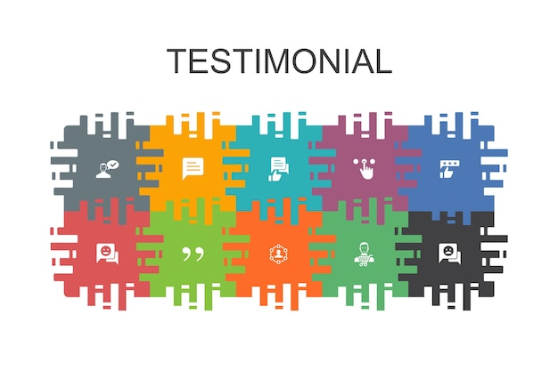 Plantilla de dibujos animados testimonial con elementos planos. Contiene iconos como retroalimentación, recomendación, revisión, comentario