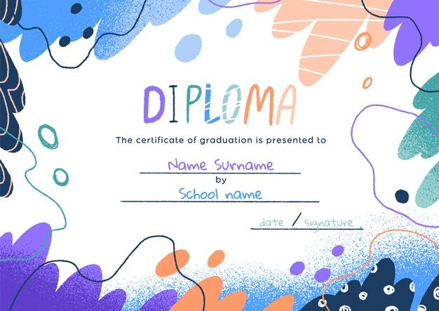Plantilla de diploma abstracto para niños de escuela y jardín de infantes. Fondo de certificado infantil con decoración de marco creativo moderno. Documento de graduación de los niños. Ilustración de vector plano coloreado