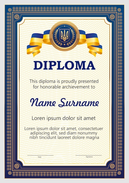 plantilla de diploma de color vectorial con elementos de diseño ucraniano bandera escudo de armas de Ucrania