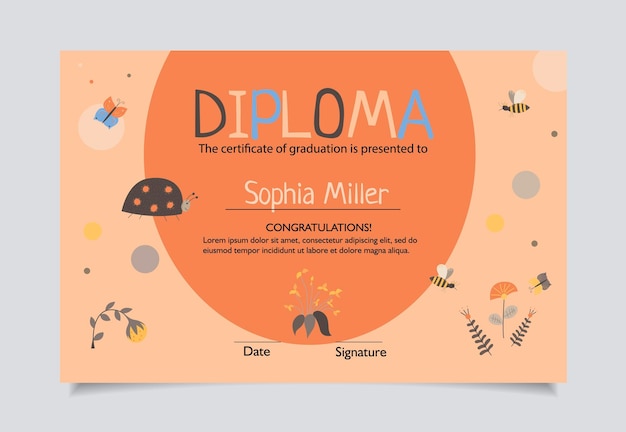 Plantilla de diploma para fondo de certificado de niños con elementos lindos dibujados a mano mariquita y abeja