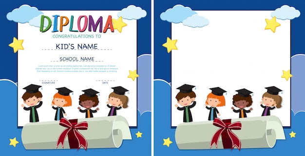 Plantilla de diploma y frontera con niños felices en bata de graduación