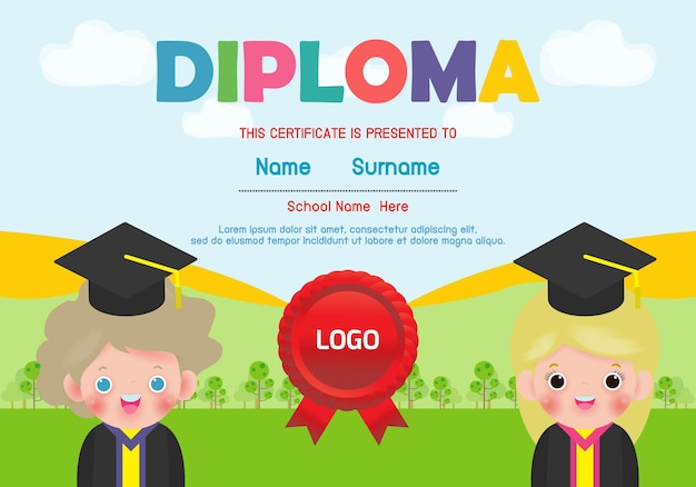Plantilla de diploma para niños certificados de jardín de infantes y primaria.