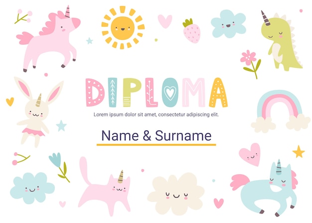 Plantilla de diploma de unicornio Diseño de certificado de vector femenino para competencia infantil