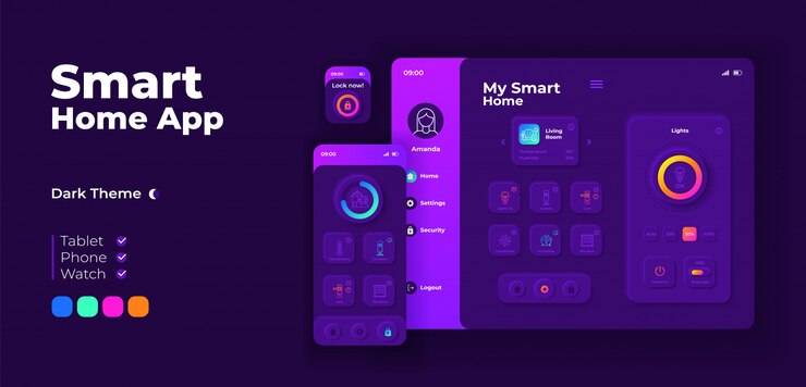 Vector plantilla de diseño adaptable de pantalla de la aplicación de inicio inteligente. interfaz de modo nocturno de aplicaciones de automatización doméstica con caracteres planos. iot equipo de gestión de teléfonos inteligentes, tabletas, reloj inteligente de dibujos animados ui.