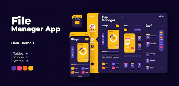 Plantilla de diseño adaptable de pantalla de la aplicación de inicio inteligente. Interfaz de modo nocturno de aplicaciones de automatización doméstica con caracteres planos. IOT equipo de gestión de teléfonos inteligentes, tabletas, reloj inteligente de dibujos animados UI.
