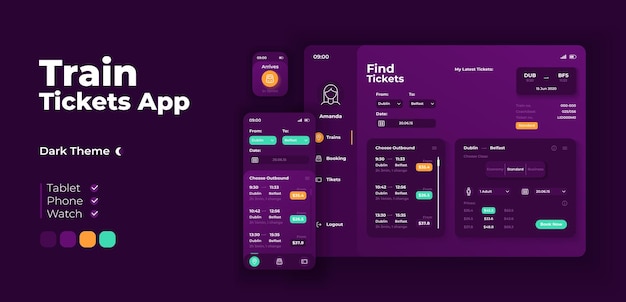 Plantilla de diseño adaptable de vector de pantalla de aplicación de billetes de tren. Interfaz de modo nocturno de la aplicación de reserva de viaje con carácter plano. Información y precios del viaje smartphone, tableta, interfaz de usuario de dibujos animados de reloj inteligente