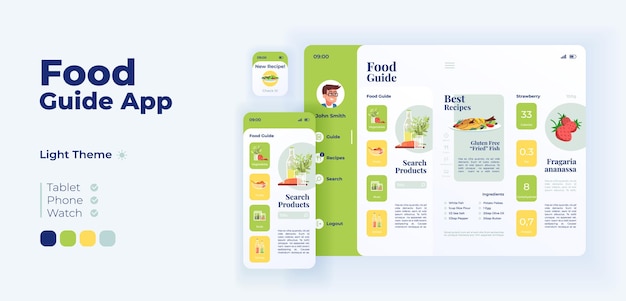 Plantilla de diseño adaptable de vector de pantalla de aplicación de selección de productos alimenticios. interfaz de modo de día de aplicación de ingredientes frescos para el almuerzo con personajes planos. smartphone, tableta, interfaz de usuario de dibujos animados de reloj inteligente