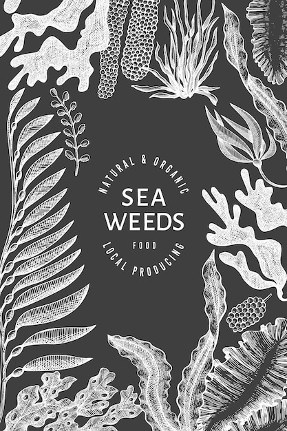 Plantilla de diseño de algas. Ilustración de algas vector dibujado a mano en pizarra. Bandera de comida de mar de estilo grabado. Fondo de plantas marinas vintage