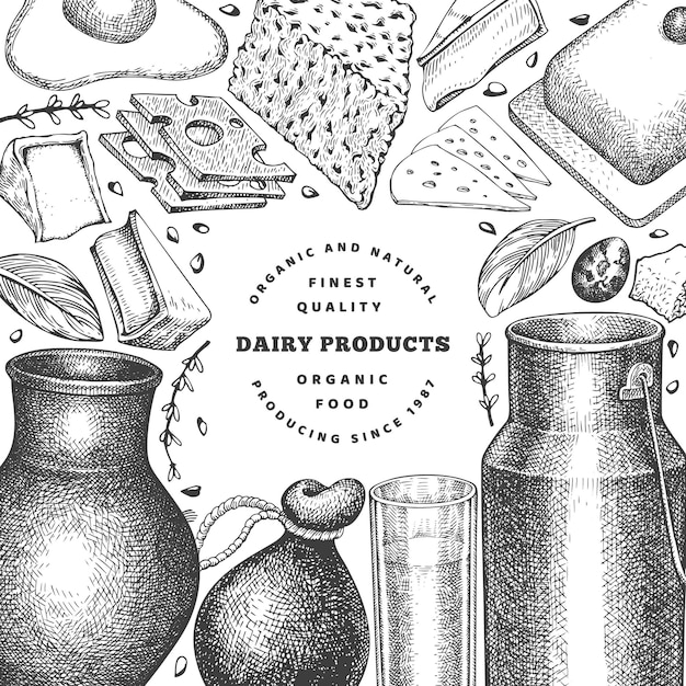 Plantilla de diseño de alimentos de granja Ilustración láctea de vector dibujado a mano Estilo grabado diferentes productos lácteos y pancarta de huevos Fondo de comida retro
