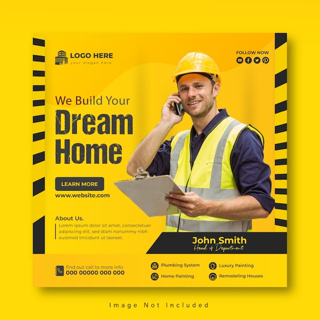 plantilla de diseño de anuncios en las redes sociales y en la web para servicios de construcción y vivienda
