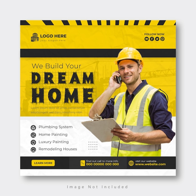 plantilla de diseño de anuncios en las redes sociales y en la web para servicios de construcción y vivienda