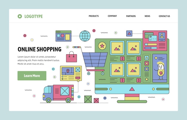 plantilla de diseño de arte lineal de sitio web vectorial tienda de compras en línea productos de carrito de compras conceptos de página de aterrizaje para desarrollo de sitios web y móviles