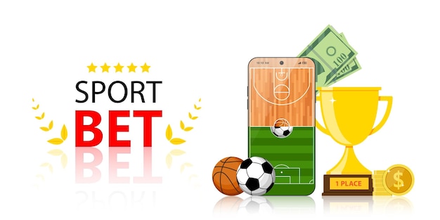Plantilla de diseño de banner de aplicación móvil de apuestas deportivas en línea pelotas de baloncesto de fútbol y premio de trofeo