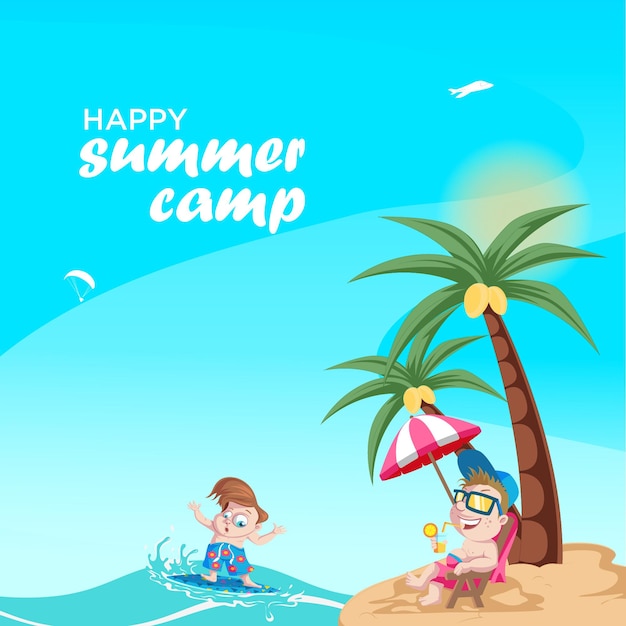 Plantilla de diseño de banner de campamento de verano feliz