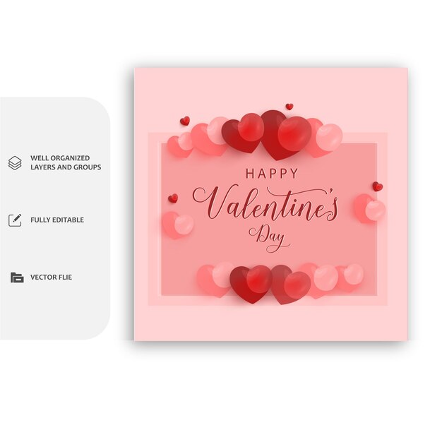 Vector plantilla de diseño de banner cuadrado de san valentín fondo rojo con marco de línea de amor utilizable para mi social