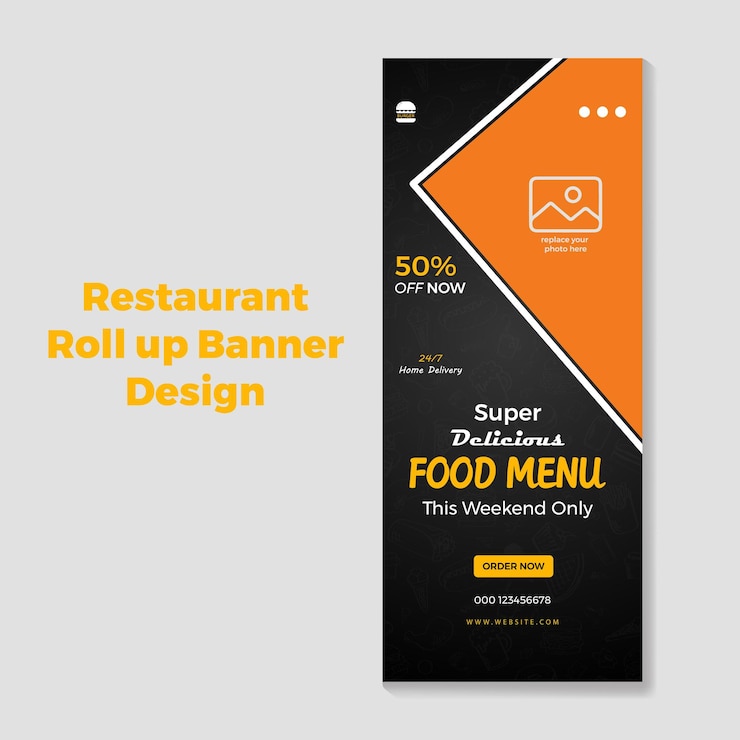 Vector plantilla de diseño de banner enrollable de alimentos y restaurantes