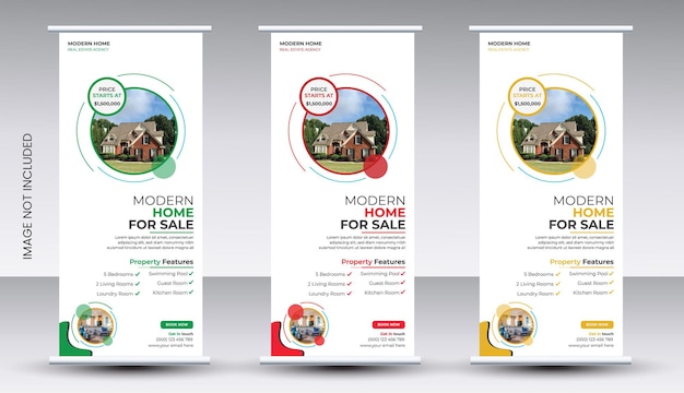 Plantilla de diseño de banner enrollable de bienes raíces vectoriales y señalización standee