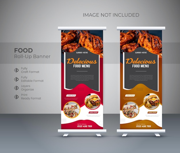 Plantilla de diseño de banner enrollable de comida creativa y restaurante enrollable