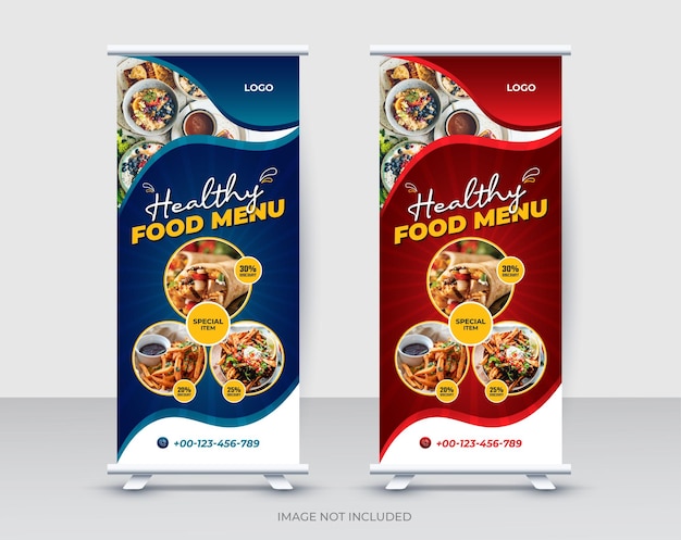 Plantilla de diseño de banner enrollable de comida y restaurante Vector Premium