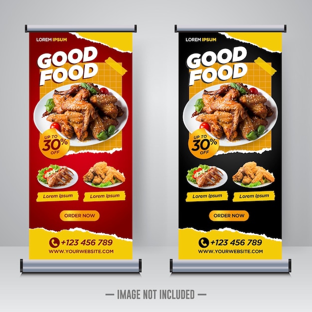 Plantilla de diseño de banner enrollable de comida y restaurante
