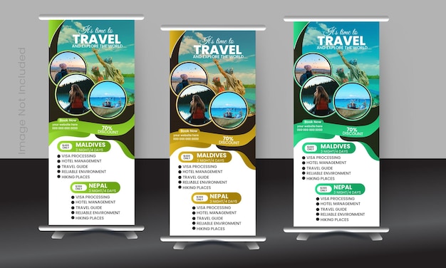 Plantilla de diseño de banner enrollable de vacaciones de viaje para negocios o agencia de viajes