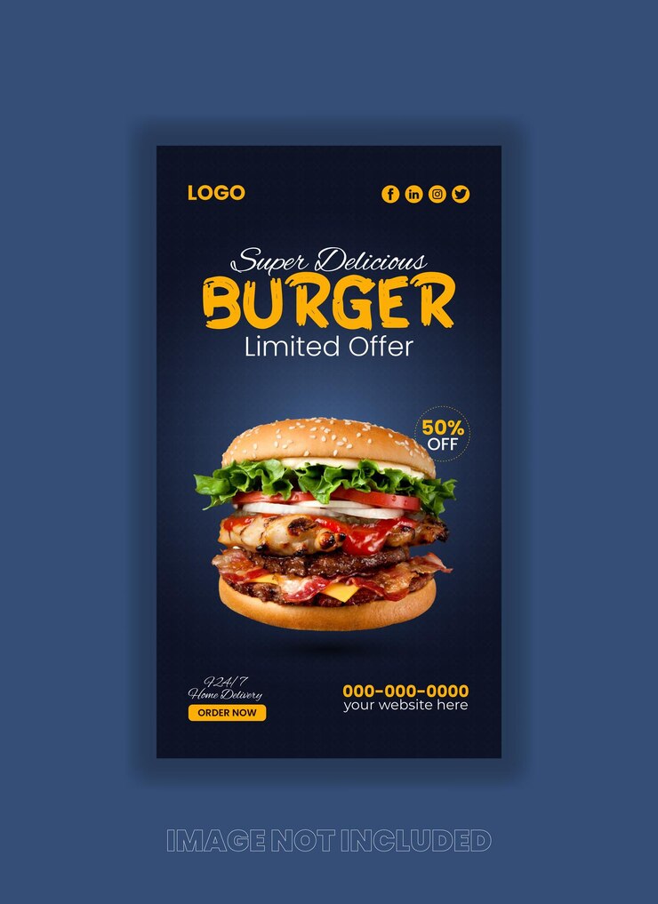 Vector plantilla de diseño de banner de historia de redes sociales de comida de historias de instagram de hamburguesas deliciosas