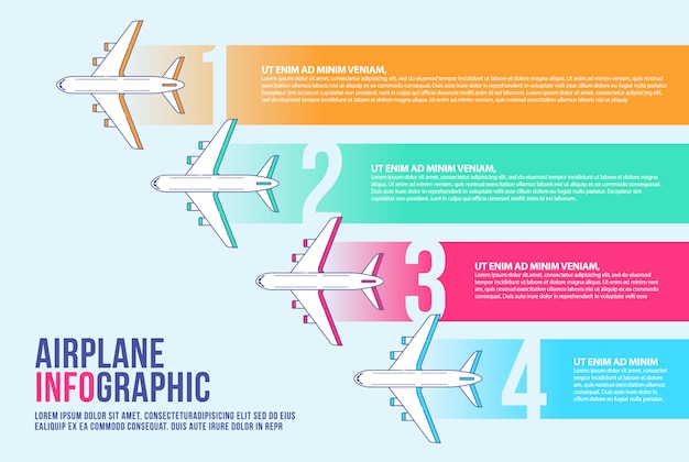 Plantilla de diseño de banner de infografía de avión, línea de tiempo, línea aérea.