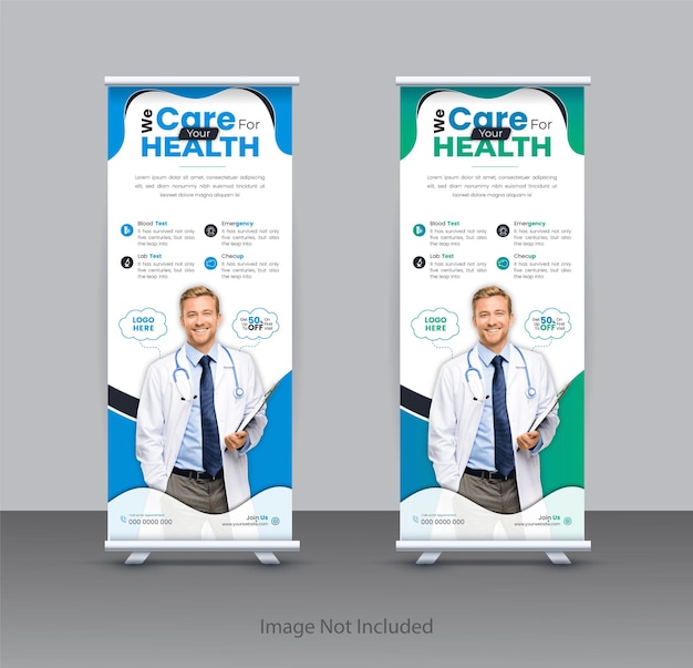 Plantilla de diseño de banner médico enrollable con color de gradiente azul y azul