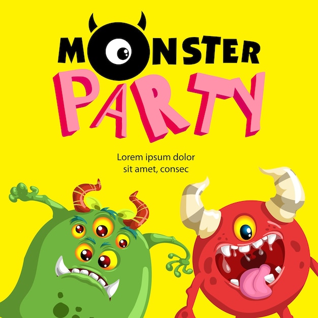 Plantilla de diseño de banner de monster party mascotas de monstruo de dibujos animados lindo mejor para invitaciones, tarjetas de felicitación, etc. ilustración vectorial