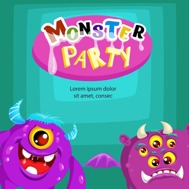 Vector plantilla de diseño de banner de monster party mascotas de monstruos de dibujos animados lindo mejor para invitaciones, tarjetas de felicitación, etc. ilustración vectorial