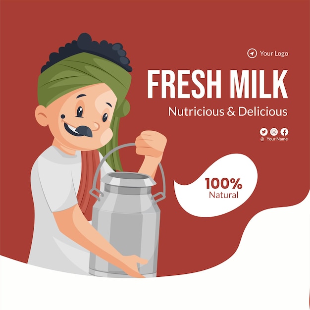 Plantilla de diseño de banner nutritivo y delicioso de leche fresca