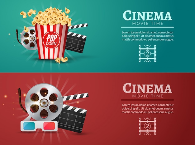 Plantilla de diseño de banner de película de película. Concepto de cine con palomitas de maíz, tira de película y badajo de película.