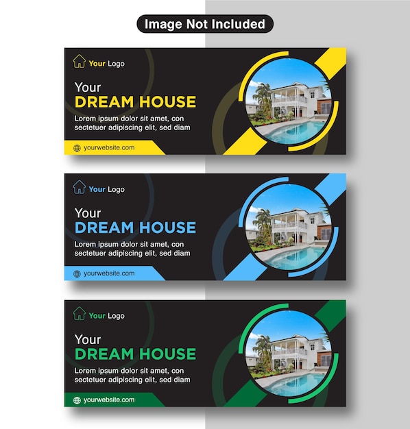 Vector plantilla de diseño de banner de portada de bienes raíces y casas en diferentes colores