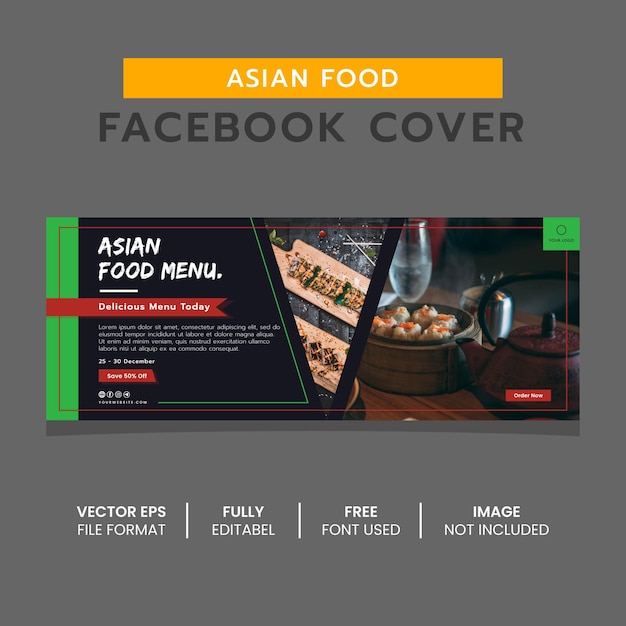 Vector plantilla de diseño de banner de portada de facebook de comida asiática