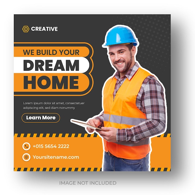 Plantilla de diseño de banner de publicación de redes sociales de construcción de mejoras y reparaciones para el hogar