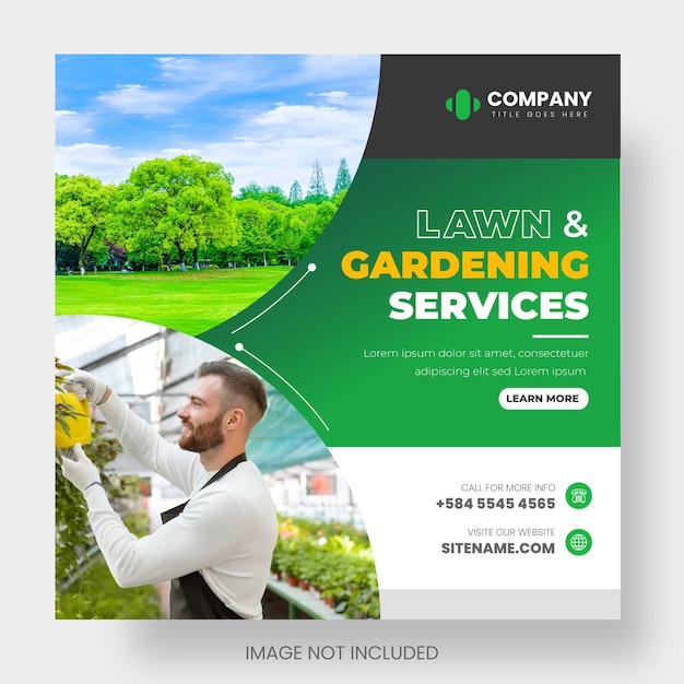 Plantilla de diseño de banner de publicación de redes sociales de lawn garden service con color verde