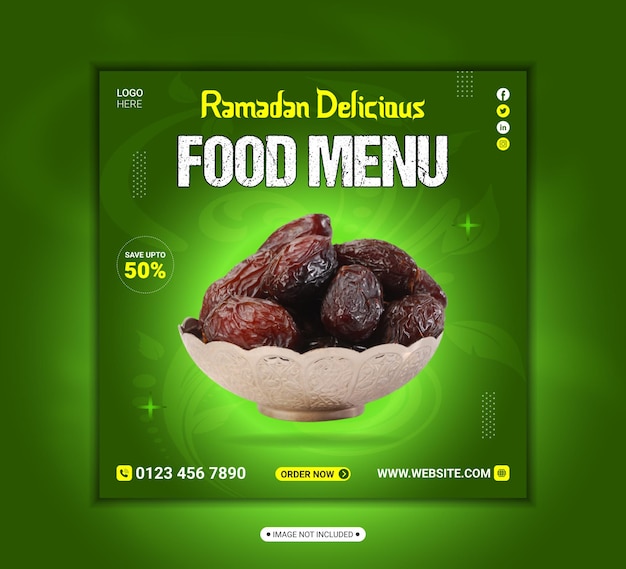 Plantilla de diseño de banner de publicación de redes sociales de menú de comida especial de ramadan kareem