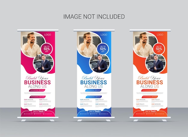 Plantilla de diseño de banner standee acumulativo rojo azul y rosa creativo