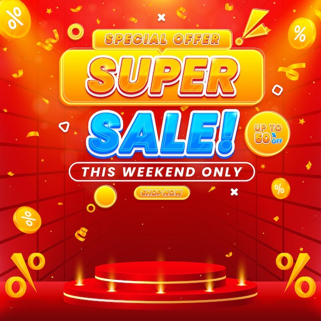 plantilla de diseño de banner de super venta gradiente con podio aislado en fondo abstracto