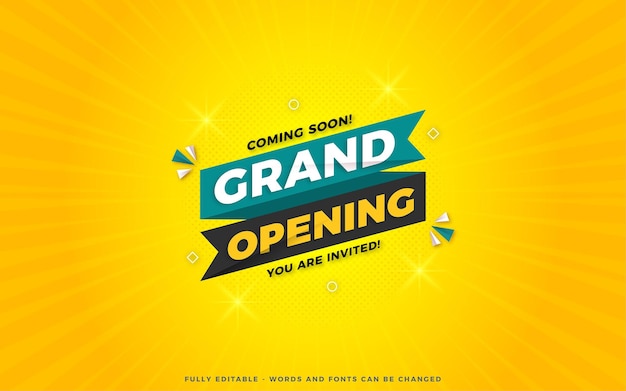 Plantilla de diseño de banner de venta de cartel de apertura con efecto de texto editable en 3D