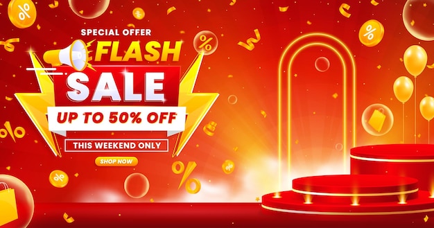 plantilla de diseño de banner de venta flash gradiente con podio aislado en fondo abstracto