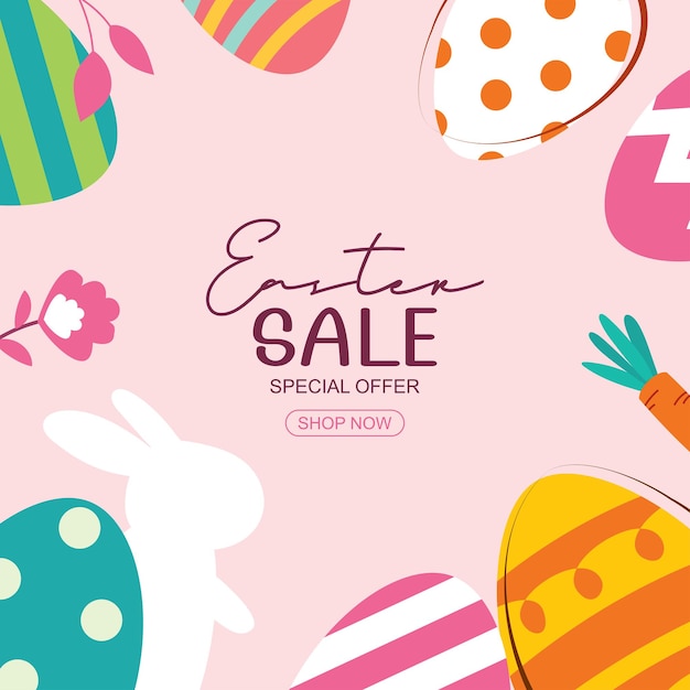 Plantilla de diseño de banner de venta de Pascua con coloridos huevos y flores. Uso para folletos publicitarios, carteles, folletos, cupones de descuento.