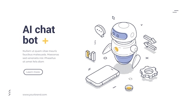 plantilla de diseño para un banner web isométrico con un personaje de chat bot de IA