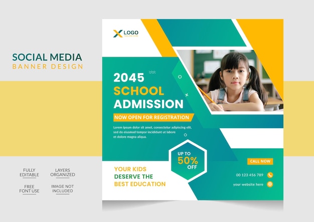 Plantilla de diseño de banner web y publicación de redes sociales de admisión a la escuela de educación