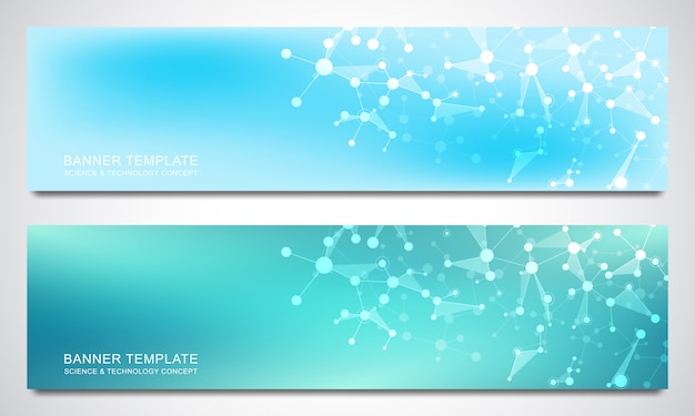 Plantilla de diseño de banners con estructuras moleculares y red neuronal. Moléculas abstractas y experiencia en ingeniería genética. Concepto de tecnología de ciencia e innovación.