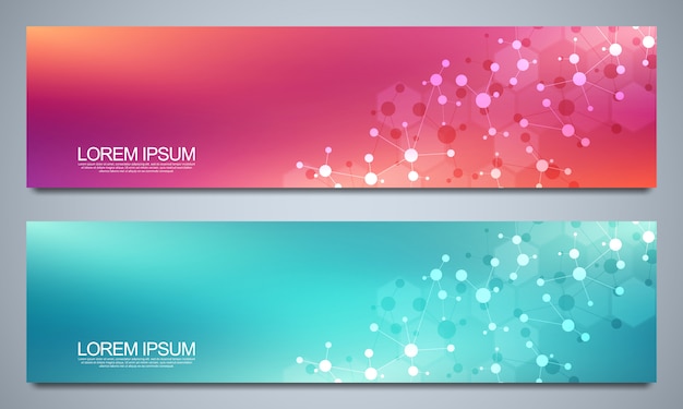 Plantilla de diseño de banners con estructuras moleculares y red neuronal. Moléculas abstractas y experiencia en ingeniería genética. Concepto de tecnología de ciencia e innovación.