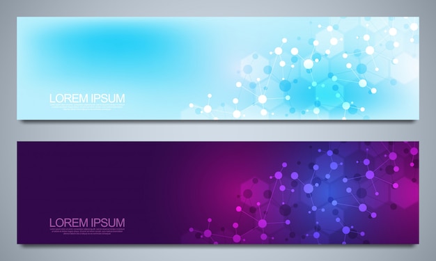 Plantilla de diseño de banners con estructuras moleculares y red neuronal. Moléculas abstractas y experiencia en ingeniería genética. Concepto de tecnología de ciencia e innovación.