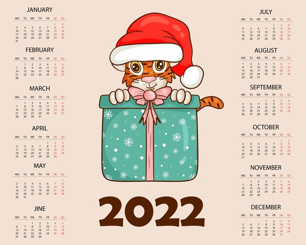 Plantilla de diseño de calendario para 2022, el año del tigre según el calendario chino o oriental, con una ilustración del tigre. mesa horizontal con calendario para 2022. vector