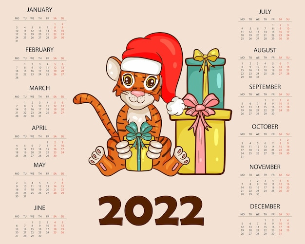 Plantilla de diseño de calendario para 2022, el año del tigre según el calendario  chino o oriental, con una ilustración del tigre. mesa horizontal con  calendario para 2022. vector