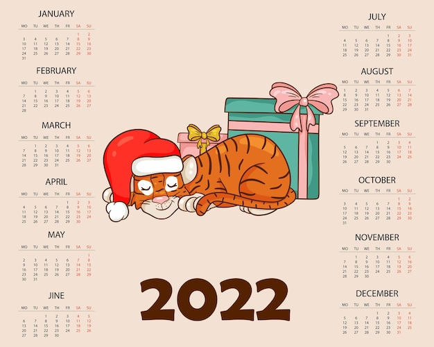 plantilla de diseño de calendario para 2022, el año del tigre según el calendario  chino o oriental, con una ilustración del tigre. tabla horizontal con  calendario para 2022. vector 3598272 Vector en Vecteezy